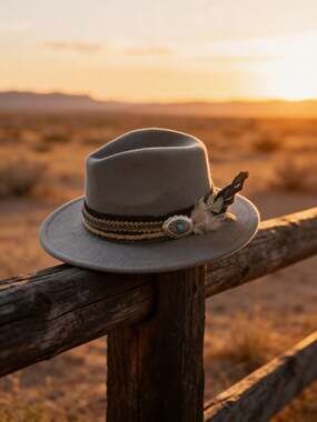 Indiana.Designer Grey Western Wide Brim Fedora Hat with Turquoise Heart Concho &